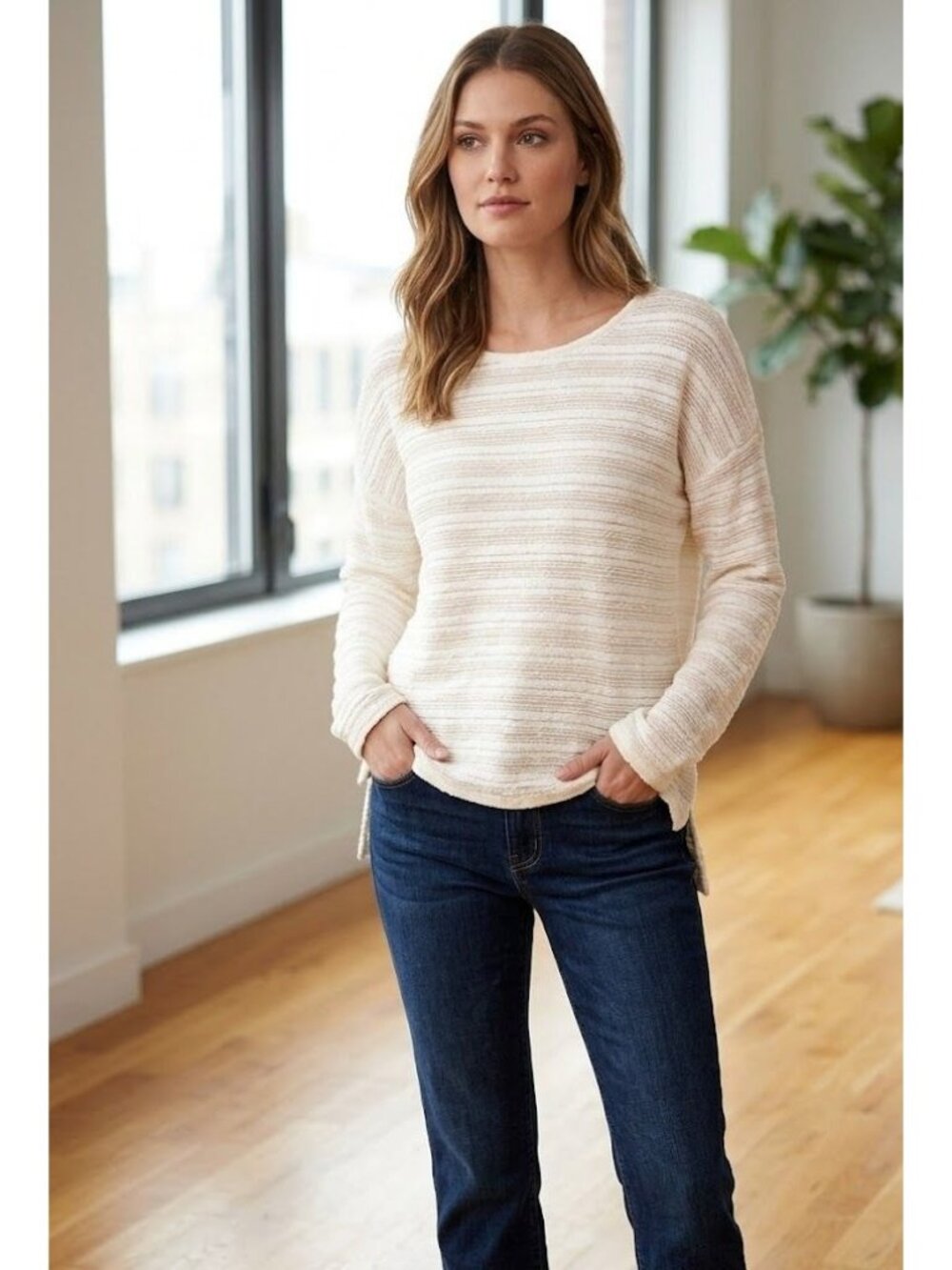 Karen Kane Womens Textured Knit Sweater Long Sleeve White Size L